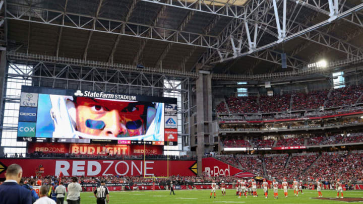 GLENDALE, ARIZONA - DECEMBER 15: Wide receiver Larry Fitzgerald #11 of the Arizona Cardinals is honored on the video board during the NFL game against the Cleveland Browns at State Farm Stadium on December 15, 2019 in Glendale, Arizona. The Cardinals defeated the Browns 38-24. (Photo by Christian Petersen/Getty Images)