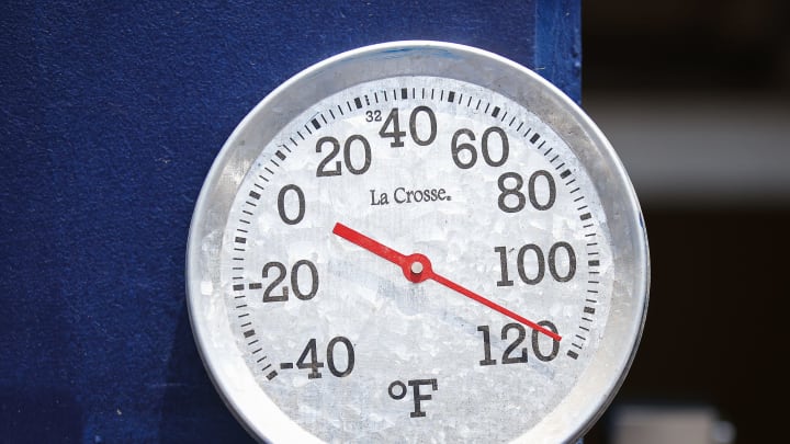 ATLANTA, GA – JULY 15: A thermometer sits by the Arizona Diamondbacks dugout prior to the first inning of an MLB game against the Atlanta Braves at SunTrust Park on July 15, 2018 in Atlanta, Georgia. (Photo by Todd Kirkland/Getty Images)
