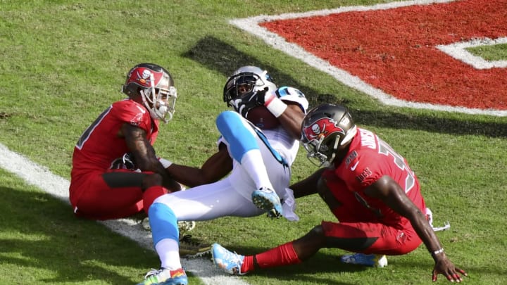 TAMPA, FLORIDA – DECEMBER 02: Devin Funchess #17 of the Carolina Panthers scores a touchdown in the third quarter against the Tampa Bay Buccaneers at Raymond James Stadium on December 02, 2018 in Tampa, Florida. (Photo by Julio Aguilar/Getty Images)