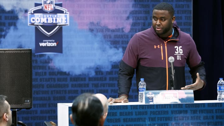 INDIANAPOLIS, IN – FEBRUARY 28: Offensive lineman Greg Little of Ole Miss speaks to the media during day one of interviews at the NFL Combine at Lucas Oil Stadium on February 28, 2019 in Indianapolis, Indiana. (Photo by Joe Robbins/Getty Images)
