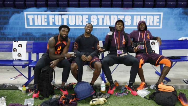 INDIANAPOLIS, IN - MARCH 02: Wide receivers (from left) Parris Campbell and Terry McLaurin of Ohio State, Emmanuel Butler of Northern Arizona and Tyre Brady of Marshall look on during day three of the NFL Combine at Lucas Oil Stadium on March 2, 2019 in Indianapolis, Indiana. (Photo by Joe Robbins/Getty Images)