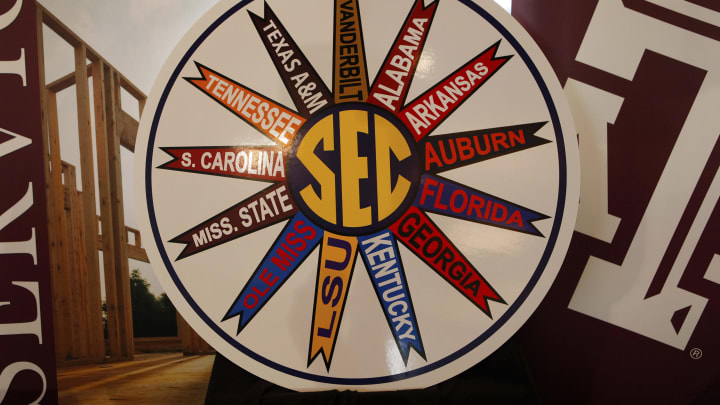 COLLEGE STATION, TX – SEPTEMBER 26: A detail view of the Southeastern Conference logo with all 13 member universities is seen during a press conference for the Texas A&M Aggies accepting an invitation to join the Southeastern Conference on September 26, 2011 in College Station, Texas. (Photo by Aaron M. Sprecher/Getty Images)