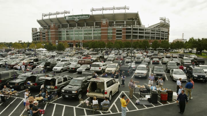 BALTIMORE – SEPTEMBER 28: Ravens fans fill the parking lot for tailgating activities as the Baltimore Ravens prepare to host the Kansas City Chiefs on September 28, 2003 at the M&T Bank Stadium in Baltimore, Maryland. The Chiefs defeated the Ravens 17-10. (Photo by Doug Pensinger/Getty Images)