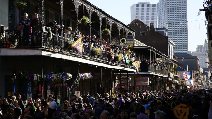 NEW ORLEANS, LOUISIANA – FEBRUARY 9, 2016: Revelers pack Bourbon Street during Mardi Gras day on February 9, 2016 in New Orleans, Louisiana. Fat Tuesday, or Mardi Gras in French, is a celebration traditionally held before the observance of Ash Wednesday and the beginning of the Christian Lenten season. (Photo by Jonathan Bachman/Getty Images)