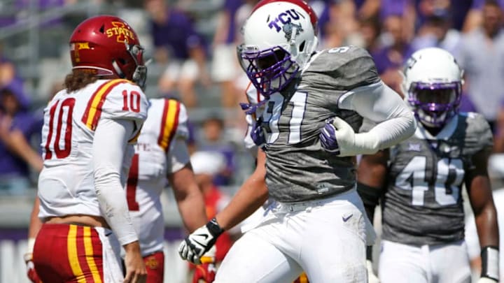 FORT WORTH, TX - SEPTEMBER 17: L.J. Collier #91 of the TCU Horned Frogs celebrates after sacking Jacob Park #10 of the Iowa State Cyclones during the second half at Amon G. Carter Stadium on September 17, 2016 in Fort Worth, Texas. TCU won 41-20. (Photo by Ron Jenkins/Getty Images) FORT WORTH, TX - SEPTEMBER 17: L.J. Collier #91 of the TCU Horned Frogs celebrates after sacking Jacob Park #10 of the Iowa State Cyclones during the second half at Amon G. Carter Stadium on September 17, 2016 in Fort Worth, Texas. TCU won 41-20. (Photo by Ron Jenkins/Getty Images)