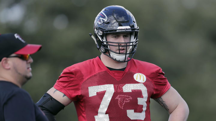 HOUSTON, TX – FEBRUARY 01: Ryan Schraeder #73 of the Atlanta Falcons prepares for a Super Bowl LI practice on February 1, 2017 in Houston, Texas. (Photo by Tim Warner/Getty Images)