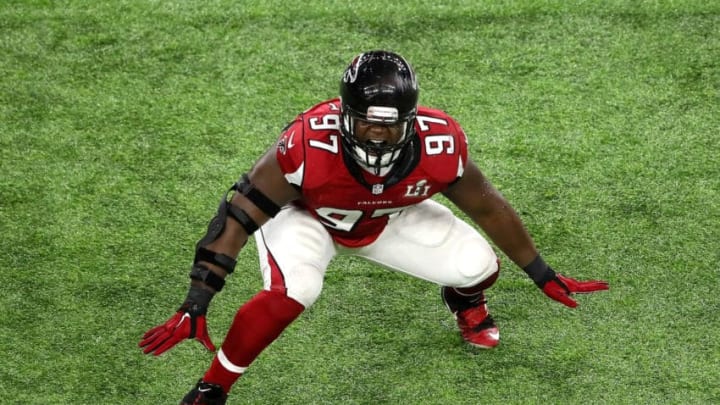 HOUSTON, TX - FEBRUARY 05: Grady Jarrett #97 of the Atlanta Falcons reacts after a sack in the first quarter during Super Bowl 51 at NRG Stadium on February 5, 2017 in Houston, Texas. (Photo by Ezra Shaw/Getty Images)