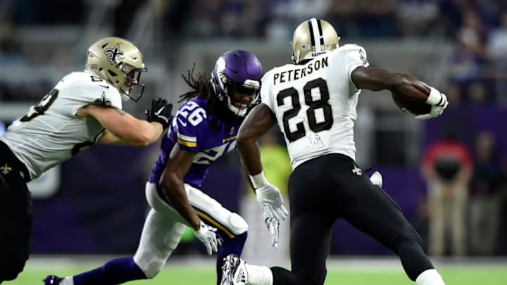 MINNEAPOLIS, MN - SEPTEMBER 11: Adrian Peterson #28 of the New Orleans Saints carries the ball in the first half of the game against the Minnesota Vikings on September 11, 2017 at U.S. Bank Stadium in Minneapolis, Minnesota. (Photo by Hannah Foslien/Getty Images)
