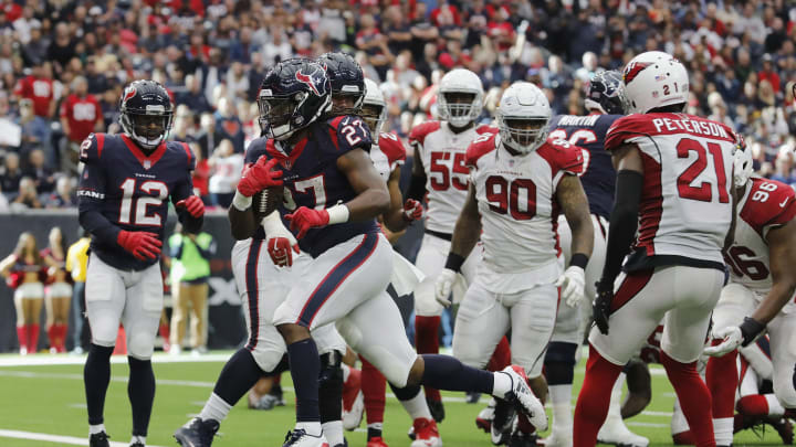 HOUSTON, TX – NOVEMBER 19: Patrick Peterson #21 of the Arizona Cardinals reacts as D’Onta Foreman #27 of the Houston Texans rushes for a touchdown in the fourth quarter at NRG Stadium on November 19, 2017 in Houston, Texas. (Photo by Tim Warner/Getty Images)