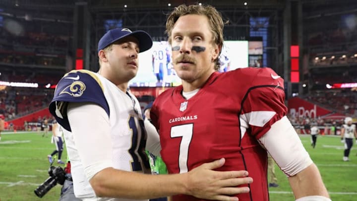 GLENDALE, AZ - DECEMBER 03: Quarterback Jared Goff GLENDALE, AZ - DECEMBER 03: Quarterback Jared Goff #16 of the Los Angeles Rams greets quarterback Blaine Gabbert #7 of the Arizona Cardinals after the Rams defeated the Cardinals 32-16 during the NFL game at the University of Phoenix Stadium on December 3, 2017 in Glendale, Arizona. (Photo by Christian Petersen/Getty Images)