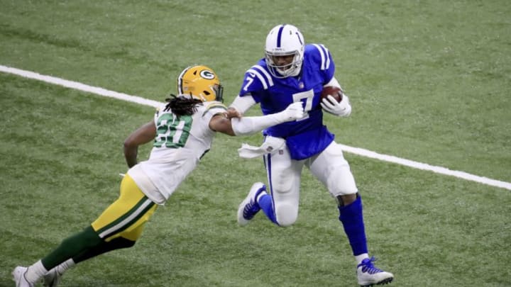 INDIANAPOLIS, INDIANA - NOVEMBER 22: Jacoby Brissett #7 of the Indianapolis Colts runs with the ball against the Green Bay Packers during the third quarter in the game at Lucas Oil Stadium on November 22, 2020 in Indianapolis, Indiana. (Photo by Andy Lyons/Getty Images)