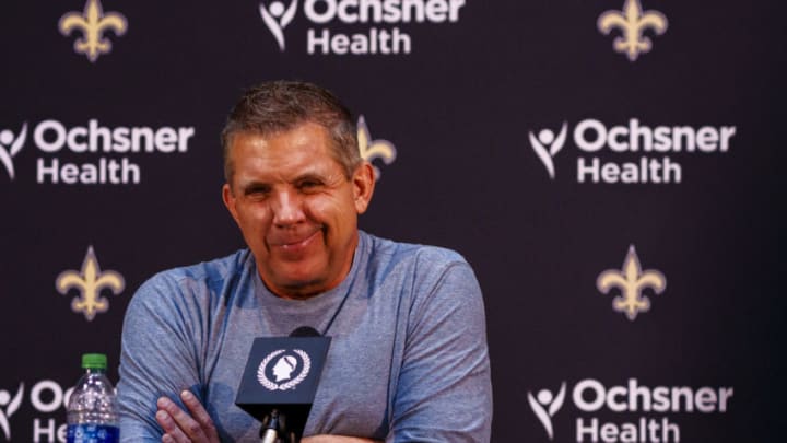 Jan 25, 2022; Metairie, LA, USA; New Orleans Saints head coach Sean Payton speaks during a press conference at Ochsner Sports Performance Center. Mandatory Credit: Andrew Wevers-USA TODAY Sports