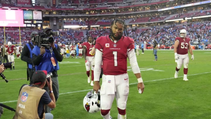 Nov 27, 2022; Glendale, AZ, USA; Arizona Cardinals quarterback Kyler Murray (1) walks off the field after losing 25-24 against the Los Angeles Chargers at State Farm Stadium. Mandatory Credit: Michael Chow-USA TODAY Sports