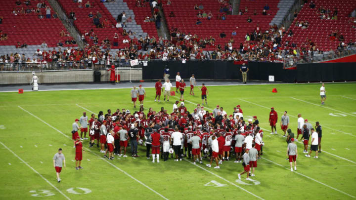 Jul 22, 2017; Glendale, AZ, USA; The Arizona Cardinals huddle during the opening day of training camp at University of Phoenix Stadium. Mandatory Credit: Rob Schumacher/azcentral sports via USA TODAY NETWORK