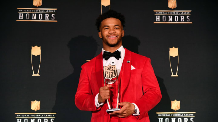 Feb 1, 2020; Miami, Florida, USA; Arizona Cardinals Kyler Murray poses for a photo with the AP Offensive Rookie of the Year presented by Oakley during the NFL Honors awards presentation at Adrienne Arsht Center. Mandatory Credit: Jasen Vinlove-USA TODAY Sports