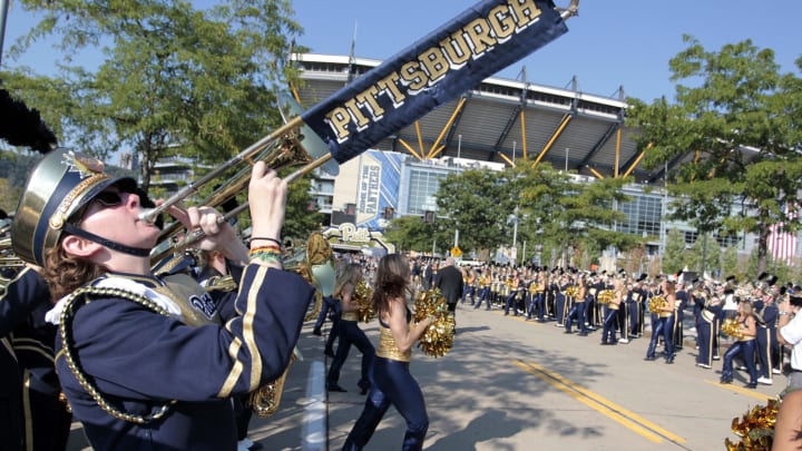 Sep 10, 2016; Pittsburgh, PA, USA; University of Pittsburgh marching band members play during the pre-game ceremonies before the Pittsburgh Panthers host the Penn State Nittany Lions at Heinz Field. Mandatory Credit: Charles LeClaire-USA TODAY Sports