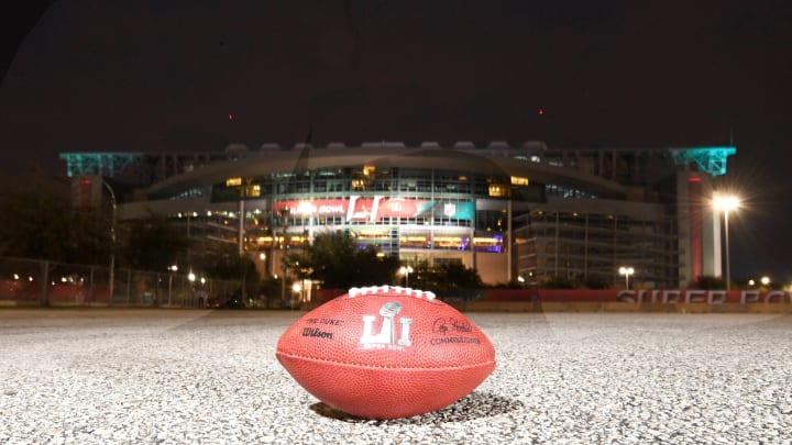 Feb 2, 2017; Houston, TX, USA; A general overall view of NFL official Wilson Duke football with Super Bowl LI logo at NRG Stadium prior to Super Bowl LI between the Atlanta Falcons and the New England Patriots. Mandatory Credit: Kirby Lee-USA TODAY Sports