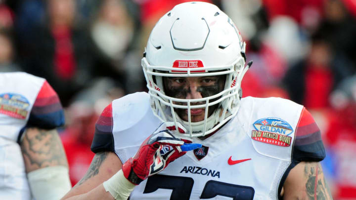 Dec 19, 2015; Albuquerque, NM, USA; Arizona Wildcats linebacker Scooby Wright III (33) reacts during the first half against the New Mexico Lobos in the 2015 New Mexico Bowl at University Stadium. Mandatory Credit: Matt Kartozian-USA TODAY Sports