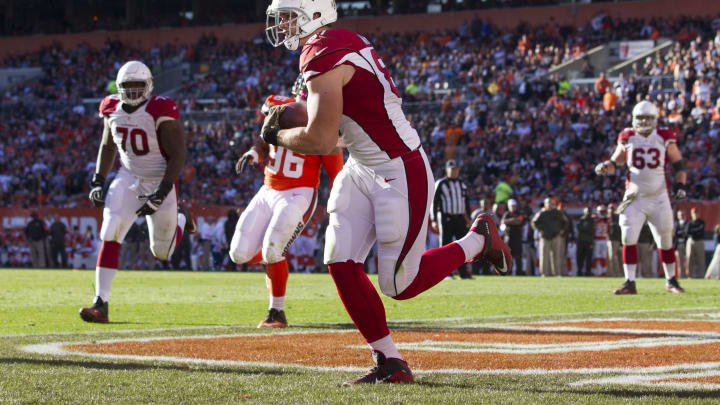 Nov 1, 2015; Cleveland, OH, USA; Arizona Cardinals tight end Troy Niklas (87) celebrates his third quarter touchdown reception against the Cleveland Browns at FirstEnergy Stadium. The Cardinals defeated the Browns 34-20. Mandatory Credit: Scott R. Galvin-USA TODAY Sports