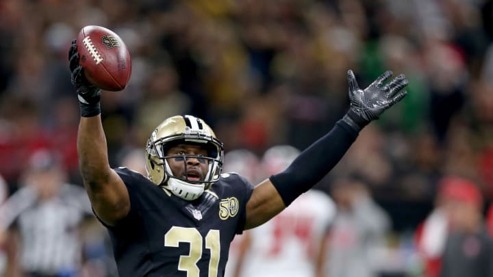 Dec 24, 2016; New Orleans, LA, USA; New Orleans Saints free safety Jairus Byrd (31) celebrates his interception in the fourth quarter against the Tampa Bay Buccaneers at the Mercedes-Benz Superdome. Mandatory Credit: Chuck Cook-USA TODAY Sports