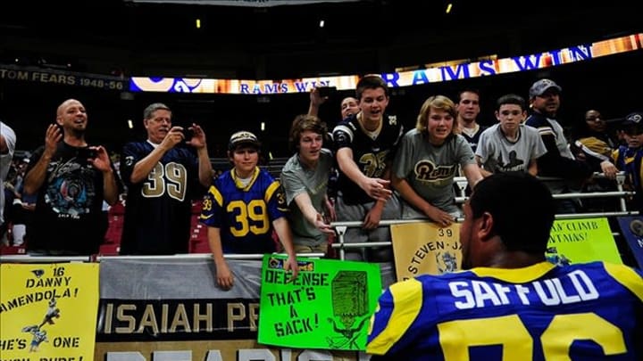 December 2, 2012; St. Louis, MO, USA; St. Louis Rams tackle Rodger Saffold (76) talks with fans after defeating the San Francisco 49ers in overtime at the Edward Jones Dome. St. Louis defeated San Francisco 16-13 in overtime. Mandatory Credit: Jeff Curry-USA TODAY Sports