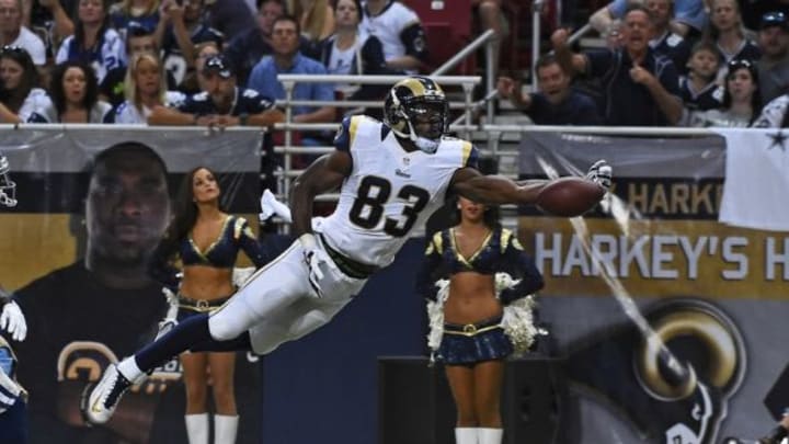 Sep 21, 2014; St. Louis, MO, USA; St. Louis Rams wide receiver Brian Quick (83) fails to make a catch against the St. Louis Rams during the second half at the Edward Jones Dome. The Dallas Cowboys defeat the St. Louis Rams 34-31. Mandatory Credit: Jasen Vinlove-USA TODAY Sports