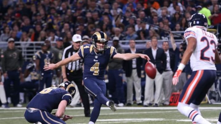 Nov 15, 2015; St. Louis, MO, USA; St. Louis Rams kicker Greg Zuerlein (4) kicks a field goal during a game against the Chicago Bears at the Edward Jones Dome. The Bears won the game 37-13. Mandatory Credit: Billy Hurst-USA TODAY Sports