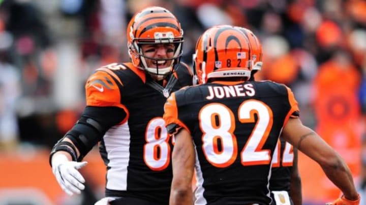 Jan 3, 2016; Cincinnati, OH, USA; Cincinnati Bengals tight end Tyler Eifert (85) celebrates with wide receiver Marvin Jones (82) after scoring a touchdown during the second quarter against Baltimore Ravens at Paul Brown Stadium. Mandatory Credit: Joshua Lindsey-USA TODAY Sports