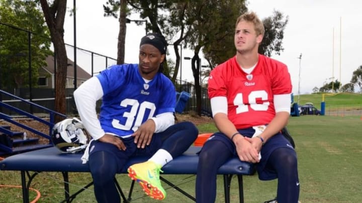 Jun 1, 2016; Oxnard, CA, USA; Los Angeles Rams running back Todd Gurley (30) and quarterback Jared Goff (16) at organized team activities at the River Ridge Fields. Mandatory Credit: Kirby Lee-USA TODAY Sports
