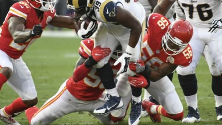 Aug 20, 2016; Los Angeles, CA, USA; Los Angeles Rams running back Malcolm Brown (39) runs the ball against the Kansas City Chiefs during the second quarter at Los Angeles Memorial Coliseum. Mandatory Credit: Richard Mackson-USA TODAY Sports