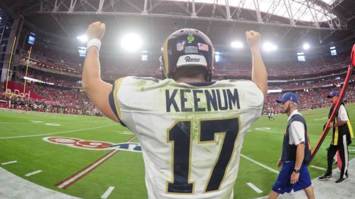 Oct 2, 2016; Glendale, AZ, USA; Los Angeles Rams quarterback Case Keenum (17) celebrates after defeating the Arizona Cardinals 17-13 at University of Phoenix Stadium. Mandatory Credit: Matt Kartozian-USA TODAY Sports