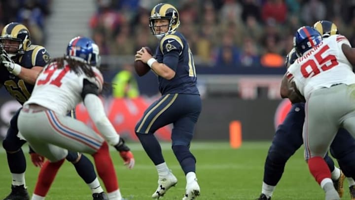 Oct 23, 2016; London, United Kingdom; Los Angeles Rams quarterback Case Keenum (17) throws a pass against the New York Giants during game 16 of the NFL International Series at Twickenham Statdium. The Giants defeated the Rams 17-10. Mandatory Credit: Kirby Lee-USA TODAY Sports