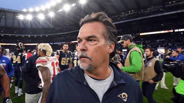 Oct 23, 2016; London, United Kingdom; Los Angeles Rams coach Jeff Fisher walks off the field after game 16 of the NFL International Series against the New York Giants at Twickenham Statdium. The Giants defeated the Rams 17-10. Mandatory Credit: Kirby Lee-USA TODAY Sports