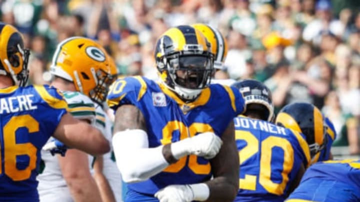 LOS ANGELES, CA – OCTOBER 28: Defensive tackle Michael Brockers #90 of the Los Angeles Rams reacts in the game against the Green Bay Packers at Los Angeles Memorial Coliseum on October 28, 2018 in Los Angeles, California. (Photo by Joe Robbins/Getty Images)