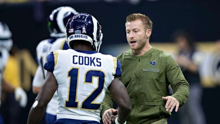 NEW ORLEANS, LA - NOVEMBER 4: Head Coach Sean McVay talks with Brandin Cooks #12 of the Los Angeles Rams before a game against the New Orleans Saints at Mercedes-Benz Superdome on November 4, 2018 in New Orleans, Louisiana. The Saints defeated the Rams 45-35. (Photo by Wesley Hitt/Getty Images)