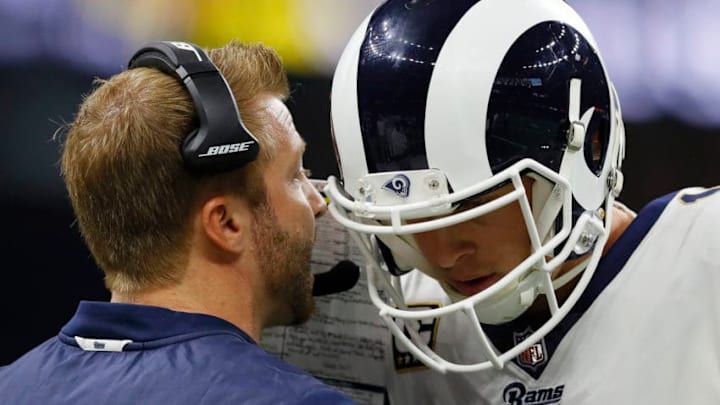 NEW ORLEANS, LOUISIANA - JANUARY 20: Head coach Sean McVay of the Los Angeles Rams talks with Jared Goff #16 against the New Orleans Saints during the second quarter in the NFC Championship game at the Mercedes-Benz Superdome on January 20, 2019 in New Orleans, Louisiana. (Photo by Kevin C. Cox/Getty Images)