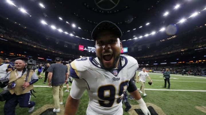 NEW ORLEANS, LOUISIANA - JANUARY 20: Aaron Donald #99 of the Los Angeles Rams celebrates after defeating the New Orleans Saints in the NFC Championship game at the Mercedes-Benz Superdome on January 20, 2019 in New Orleans, Louisiana. The Los Angeles Rams defeated the New Orleans Saints with a score of 26 to 23. (Photo by Kevin C. Cox/Getty Images)