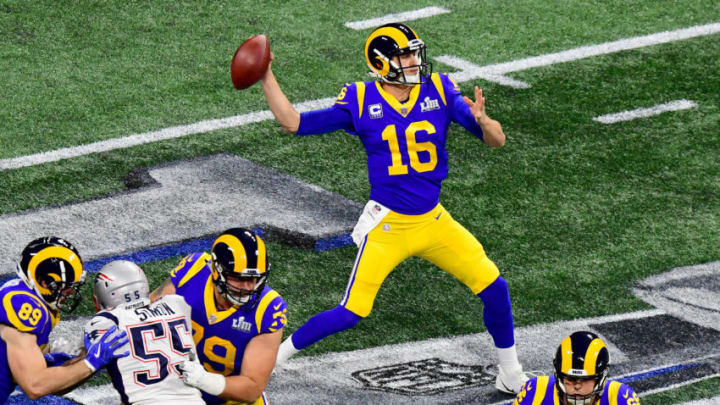 ATLANTA, GEORGIA - FEBRUARY 03: Jared Goff #16 of the Los Angeles Rams attempts a pass against the New England Patriots in the second quarter during Super Bowl LIII at Mercedes-Benz Stadium on February 03, 2019 in Atlanta, Georgia. (Photo by Scott Cunningham/Getty Images)