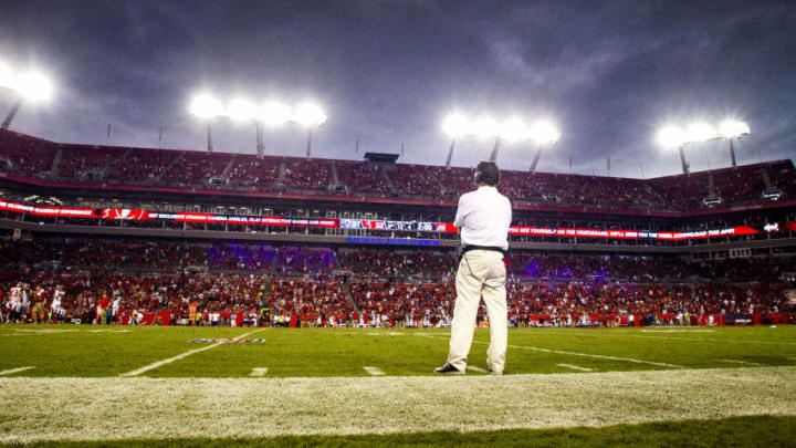 TAMPA, FL - SEPTEMBER 25: Los Angeles Rams head coach Jeff Fisher watches from the sideline when they officials delayed the final two minutes of their game against the Tampa Bay Buccaneers because of a weather delay during their NFL football game at Raymond James Stadium on September 25, 2016 in Tampa, Florida. (Photo by Mark Wallheiser/Getty Images)