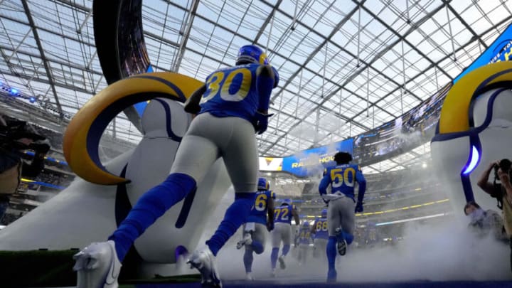 Dec 21, 2021; Inglewood, California, USA; Los Angeles Rams running back Raymond Calais (30) enters the field before the game against the Seattle Seahawks at SoFi Stadium. The Rams defeated the Seahawks 20-10. Mandatory Credit: Kirby Lee-USA TODAY Sports