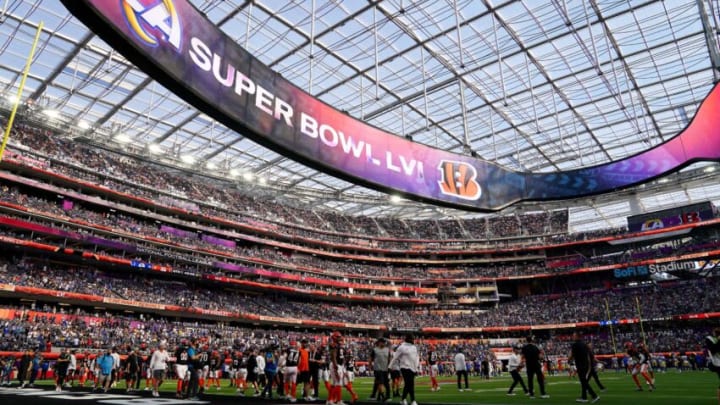 General view of the field as the Los Angeles Rams and the Cincinnati Bengals warm up before kickoff of Super Bowl 56, Sunday, Feb. 13, 2022, at SoFi Stadium in Inglewood, Calif.Nfl Super Bowl 56 Los Angeles Rams Vs Cincinnati Bengals Feb 13 2022 0247