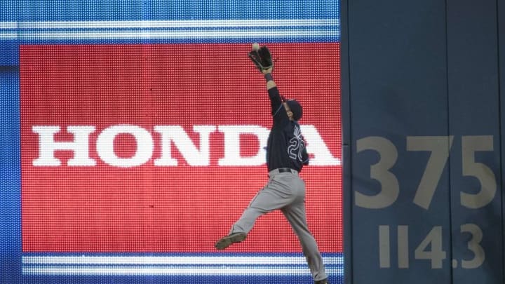 Sep 12, 2016; Toronto, Ontario, CAN; Tampa Bay Rays right fielder Steven Souza Jr. (20) catches a fly ball for an out during the fourth inning in a game against the Toronto Blue Jays at Rogers Centre. Mandatory Credit: Nick Turchiaro-USA TODAY Sports