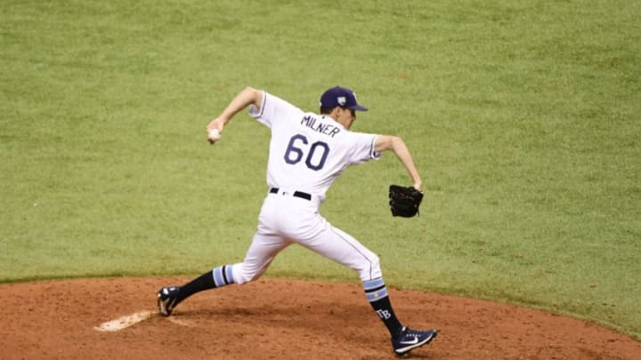 ST PETERSBURG, FL - JULY 20: Hoby Milner #60 of the Tampa Bay Rays throws a pitch in the seventh inning against the Miami Marlins on July 20, 2018 at Tropicana Field in St Petersburg, Florida. (Photo by Julio Aguilar/Getty Images)