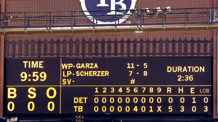 ST. PETERSBURG – JULY 26: The scoreboard after the game between the Tampa Bay Rays of the Detroit Tigers where Matt Garza #22 threw a no hitter at Tropicana Field on July 26, 2010 in St. Petersburg, Florida. Tampa Bay beat Detroit 5-0. (Photo by J. Meric/Getty Images)