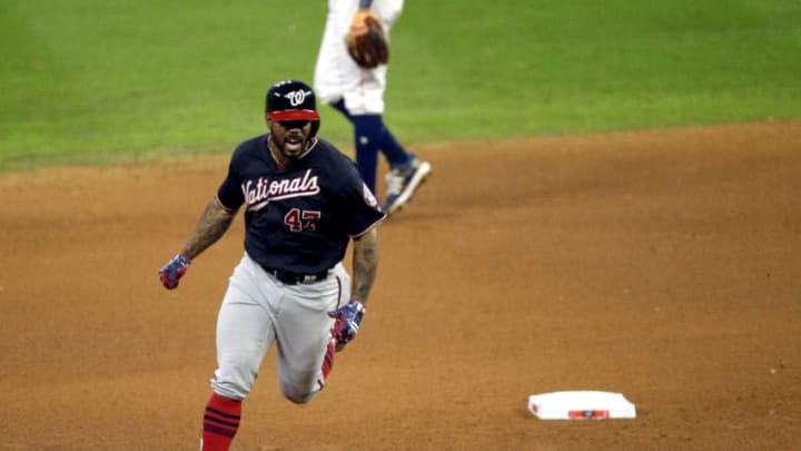 HOUSTON, TEXAS - OCTOBER 30: Howie Kendrick #47 of the Washington Nationals celebrates as he rounds the bases on his two-run home run against the Houston Astros during the seventh inning in Game Seven of the 2019 World Series at Minute Maid Park on October 30, 2019 in Houston, Texas. (Photo by Bob Levey/Getty Images)