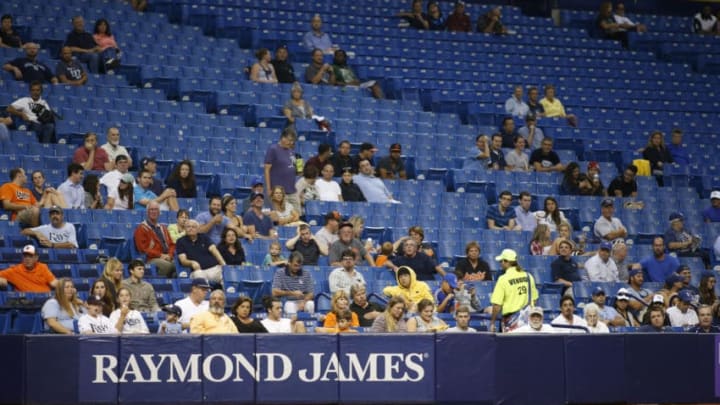ST. PETERSBURG, FL - SEPTEMBER 17: Baseball fans sit among empty seats during the fifth inning of a game between the Baltimore Orioles and the Tampa Bay Rays on September 17, 2015 at Tropicana Field in St. Petersburg, Florida. (Photo by Brian Blanco/Getty Images)