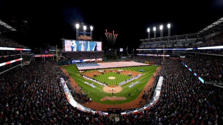 CLEVELAND, OH - OCTOBER 25: The Cleveland Indians and the Chicago Cubs stands during the national anthem prior to Game One of the 2016 World Series at Progressive Field on October 25, 2016 in Cleveland, Ohio. (Photo by Jason Miller/Getty Images)