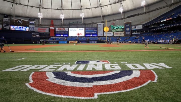ST PETERSBURG, FL - MARCH 29: The grounds crew prepares the field during a game between the Tampa Bay Rays and the Boston Red Soxon Opening Day at Tropicana Field on March 29, 2018 in St Petersburg, Florida. (Photo by Mike Ehrmann/Getty Images)