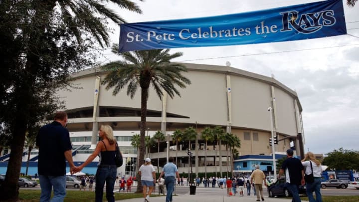 ST PETERSBURG, FL - OCTOBER 22: Fans walk outside Tropicana Field prior to game one of the 2008 MLB World Series between the Tampa Bay Rays the Philadelphia Phillies on October 22, 2008 at in St. Petersburg, Florida. (Photo by Jamie Squire/Getty Images)