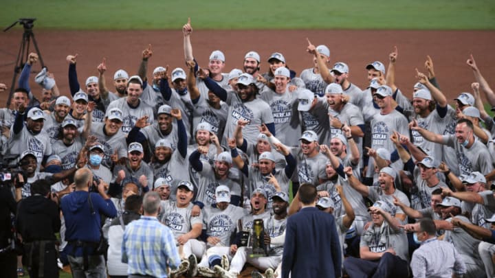 Oct 17, 2020; San Diego, California, USA; Tampa Bay Rays celebrate the victory against the Houston Astros following game seven of the 2020 ALCS at Petco Park. Mandatory Credit: Orlando Ramirez-USA TODAY Sports
